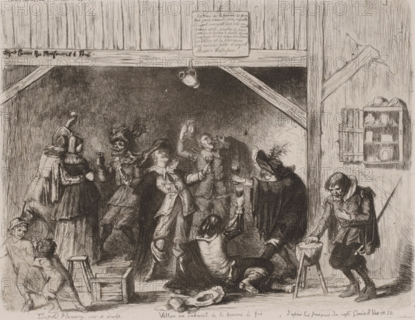 Villon au cabaret de la Pomme de Pin, Drinks in a seventeenth-century pub, print, annotation: 'd'apres les fresques du café Gonin. R. Vasin 20.', printmaker: Léopold Flameng, after design by Léopold Flameng, printer (person): Parron, Paris, 1855, Léopold Flameng, Parron, printmaker, printer (person), paper, etching, intaglio printmaking technique, height 206 mm x width 264 mm, inn, coffee-house, public house, drunkenness, A crowded interior scene shows a group of people gathered under a rough wooden beam ceiling, many holding cups or mugs and raising them in toasts, with one jug hanging from a beam above. Several figures stand and lean together in animated poses wearing period clothing with ruffled collars, cloaks, wide skirts, and hats decorated with feathers, while one person sits slumped in a chair near a wall cabinet filled with dishes and objects. A small child or seated figure is at floor level near the center, another kneels or sprawls on the floor, and a pair of people on the l...
