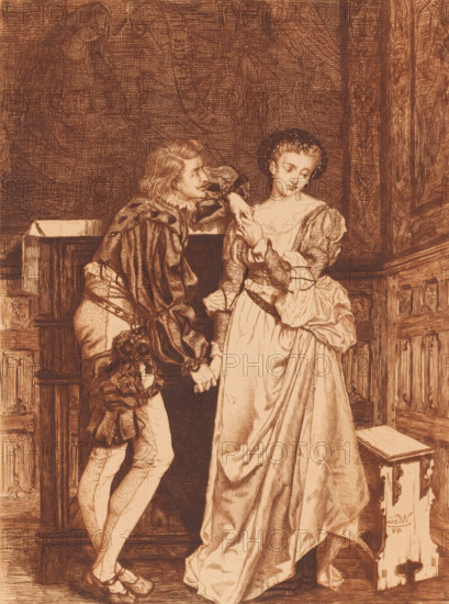 Young couple in an interior, print, A young man holds the hands of a young woman. The woman looks away., printmaker: Willem Geets, 1878, paper, etching, intaglio printmaking technique, etching with plate tone, print in brown, height 258 mm x width 190 mm, couple of lovers, courting, being refused, the proposal rejected, A sepia-toned etching shows a man and a woman standing close together in an interior with wooden paneling. The man wears a patterned doublet with puffed sleeves, short breeches with decorative slashes, and a sash at his waist; he leans forward with one arm resting on a wooden bench and the other hand holding the woman's hand. The woman wears a long, draped gown with voluminous sleeves and a fitted bodice; she looks downward with a soft expression and her arm is raised so the man holds her hand near her chest. Behind them, carved wooden panels and a bench are visible, and the background includes a textured wall treatment. The overall image is rendered with fine cross-hat...