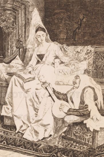Damsel and minstrel, print, printmaker: attributed to Willem Geets, 1848 - 1910, Attributed to, paper, etching, intaglio printmaking technique, etching with plate tone, height 285 mm x width 208 mm, minstrel, 'juggler', making music, musician with instrument, medieval history, middle ages (historical epoch), A seated woman in a flowing dress and pointed headdress reclines on a cushioned settee, her hand resting near a small, curled animal on the cushion beside her, while an open book lies on her lap; in front of her, a seated man wearing a hooded garment plays a stringed instrument, his hands on the neck and body of the instrument, and patterned textiles cover the furniture and floor; ornate carved woodwork and a decorative wall hanging form the backdrop.