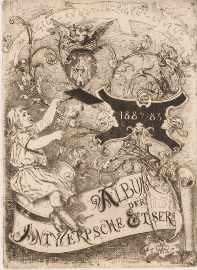 Child with torch and grate on a cartouche with floral tendrils, Album der Antwerpsche Etsers 1882-1883, print, title page, Top left a coat of arms with the arms of Antwerp., printmaker: attributed to Willem Geets, 1882 - 1883, Attributed to, paper, etching, intaglio printmaking technique, etching with plate tone, height 255 mm x width 188 mm, Probably title page for: Album der Antwerpsche Etsers. Sl: Vereeniging der Antwerpsche Etsers, 1882-1883., ornament, cartouche, child, coat of arms (as symbol of the state, etc.), A sepia-toned engraved illustration shows a young child seated on a curved surface, reaching upward toward a stylized shield and ornamental foliage. The child wears a short-sleeved dress and high buttoned boots, with hair falling to the shoulders and a focused facial expression. Above the child, elaborate scrolling vines and floral motifs weave around a heraldic shield topped by a crowned winged creature with a horned animal head. Decorative cartouches and flourishes fra...