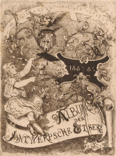 Child with torch and grid on a cartouche with floral tendrils, Album der Antwerpsche Etsers 1882-1883, print, title page, Top left a coat of arms with the arms of Antwerp., mark: 'Antwerpsche Etsers 1880', printmaker: attributed to Willem Geets, 1882 - 1883, Attributed to, paper, etching, intaglio printmaking technique, etching with plate tone, height 255 mm x width 190 mm, Probably title page for: Album der Antwerpsche Etsers. Sl: Vereeniging der Antwerpsche Etsers, 1882-1883., ornament, cartouche, child, coat of arms (as symbol of the state, etc.), A sepia-toned engraved illustration shows an ornate composition with a young girl seated on a scrolllike surface, reaching upward with one hand toward a small flying bird while holding a branch in the other hand; she wears a short-sleeved dress and boots with visible laces and has wavy hair. Surrounding her are elaborate swirling floral and foliate decorations that curl and loop across the image, interweaving with a dark shield-shaped cart...