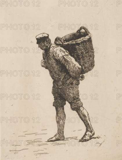 Fisherman with a basket on his back, Porteur de poissons, print, Katwijk fisherman, barefoot, carrying a basket on his back., printmaker: Alphonse Stengelin (signed by artist), 1862 - 1910, paper, etching, intaglio printmaking technique, etching with plate tone in brown, height 269 mm x width 208 mm, commercial fishery, Katwijk (South Holland), A monochrome line drawing of a barefoot man in profile facing left, wearing a cap and rolled-up trousers, carrying a large woven basket on his back with a strap over his shoulder, his shirt sleeves rolled and his hands gripping the strap, with visible crosshatching and texture in the basket and clothing, on a lightly speckled plain background.