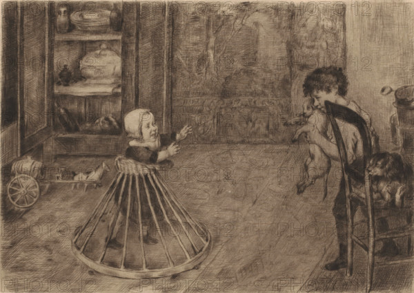 Child in walker walks towards a boy holding a dog, print, printmaker: attributed to Joseph Gérard, 1831 - 1895, Attributed to, paper, etching, drypoint, intaglio printmaking technique, drypoint and plate tone, height 200 mm x width 280 mm, dog, interior of the house, child, implements for learning to walk, go-cart - AA - girl, A sepia-toned drawing of an interior scene showing a small child wearing a bonnet and a dress framed by a circular cage-like skirt reaching toward a seated older child who sits on a wooden chair and holds a small animal close to their face, a dog sitting beside the chair, a wooden shelf with dishes and jars against the wall, a toy cart with wheels on the floor, and textured walls and floor rendered with cross-hatched lines.