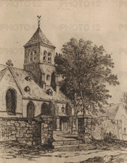 Church in the Ardennes, En Ardennes, print, printmaker: Jules Marie Armand Goethals, printer (person): De la Société, 1854 - 1879, printer (person), paper, etching, intaglio printmaking technique, drypoint, plate tone and drypoint, height 298 mm x width 230 mm, church (exterior), Ardennes, A detailed ink drawing of a stone church with a steeply pitched roof and a square bell tower topped by a pointed roof and a weather vane, adjacent to a large leafy tree whose branches extend over the roofline; the church shows arched windows and small dormers on the roof, a porch with steps leading up to an arched entrance, stone walls and a low stone fence in the foreground, and a small figure standing near the entrance.