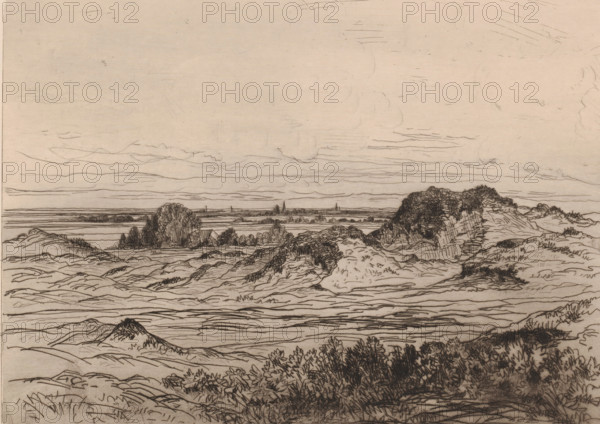 Dunes near Nieuwpoort, print, printmaker: attributed to Jules Marie Armand Goethals, 1854 - 1879, Attributed to, paper, etching, intaglio printmaking technique, drypoint, plate tone and dry needle, height 233 mm x width 300 mm, dunes (sea not visible), in the dunes, Nieuwpoort (Belgium), A wide horizontal ink drawing of a coastal landscape showing rolling sand dunes in the foreground with dense clumps of grasses and low shrubs, a middle ground of rounded dune mounds and larger bushy vegetation, and a distant flat shoreline with thin horizontal lines suggesting water and a faint horizon; the sky above is pale with delicate, wispy horizontal cloud lines and faint sketchy strokes, and the whole scene is rendered in fine dark lines on a light toned background.