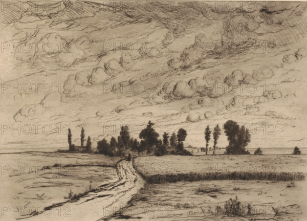 Landscape with stormy cloudy sky, print, The Lion of Waterloo is visible in the background., printmaker: Jules Marie Armand Goethals (signed by artist), 1854 - 1879, paper, etching, intaglio printmaking technique, drypoint, plate tone and drypoint, height 230 mm x width 310 mm, landscapes, road, path, Waterloo, A horizontal ink drawing of a landscape showing a wide sky filled with many billowing clouds rendered in varied contour and hatch lines above a flat expanse of fields and a distant line of trees; a narrow winding dirt path cuts from the foreground toward the tree line where a small solitary figure stands, and along the horizon clusters of tall, slender trees and denser groves rise against the sky, with shaded areas indicating grassy and marshy ground and fine linear textures marking furrows and low vegetation.
