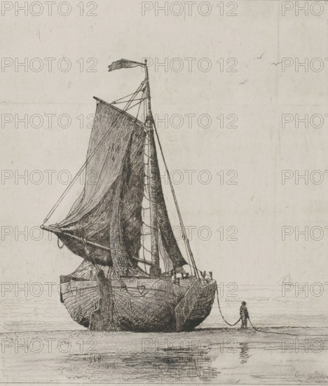 Fishing boat on the beach of Katwijk, print, Next to the boat a sailor carrying the anchor chain., printmaker: Alphonse Stengelin (signed by artist), 1862 - 1910, paper, etching, aquatint, etching and aquatint, height 327 mm x width 291 mm, coast, sailing-ship, sailing-boat, commercial fishery, sea, Katwijk (South Holland), A detailed black and white line drawing of a large sailboat grounded on a shoreline, seen from the stern with the hull facing forward and the mast rising high with rigging and a small flag at its top, a furled sail hanging from the spars with visible stitching and folds, ropes and pulleys connecting the sail to the boat, textured wood planking on the hull and carved fittings at the stern, a figure standing on the sand beside the boat holding a long rope that trails from the vessel, calm water in front with subtle reflections and ripples, a distant small sailboat on the horizon, and a few birds drawn in the sky above against a lightly textured background.