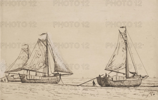 Three fishing boats on the beach of Katwijk, print, printmaker: Alphonse Stengelin, 1862 - 1910, paper, etching, intaglio printmaking technique, etching with plate tone in brown, height 175 mm x width 269 mm, beach, sailing-ship, sailing-boat, commercial fishery, sea, Katwijk (South Holland), A sepia-toned line drawing of two sailboats resting on a shoreline, each with tall masts and billowing sails, rigging lines and spars sketched in fine dark strokes; the boat on the left shows a large triangular sail with visible folds and a smaller boat partially obscured behind it, while the boat on the right has a prominent mainsail and a curved hull with planks indicated by parallel lines, figures standing near the stern and along the shore connected to the boats by ropes, a calm sea line in the background with tiny distant vessels, and a broad expanse of empty sky above.