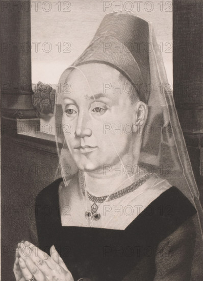 Portrait of Barbara van Vlaendenbergh, print, annotation: '3em Etat', annotation: 'La femme du Bourgemestre de Bruges d'apres Memling par L. Greuze', printmaker: Louis Joseph Greuse (signed by artist), Bergen (Belgium), after design by Hans Memling, 1885-06-12, Louis Joseph Greuse, Hans Memling, printmaker, after design by, paper, chine collé, etching, engraving, height 282 mm x width 200 mm, Person, Barbara van Vlaendenbergh, historical persons - BB - woman, A grayscale portrait of a woman shown from the chest up, wearing a dark square-necked garment and a translucent veil over her head and shoulders, with a tall headdress beneath the veil; she has a calm, neutral facial expression with downcast eyes and slightly pursed lips, and she is wearing a braided necklace with a pendant; her hands are shown clasped together in front of her; the background includes a window ledge with a small potted plant and architectural elements with linear shading.