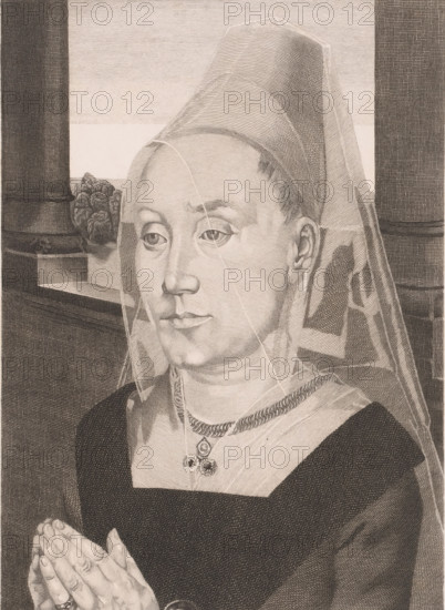 Portrait of Barbara van Vlaendenbergh, print, annotation: 'La femme du Bourgemestre de Bruges d'apres Memling par L. Greuze', annotation: '1er Etat', printmaker: Louis Joseph Greuse (signed by artist), Bergen (Belgium), after design by Hans Memling, 1885-04-25, Louis Joseph Greuse, Hans Memling, printmaker, after design by, paper, chine collé, etching, engraving, height 282 mm x width 200 mm, Person, Barbara van Vlaendenbergh, historical persons - BB - woman, A detailed monochrome engraving of a woman shown from the chest up, wearing a tall headdress and a translucent veil that drapes over her face and shoulders, with a calm facial expression and downcast eyes; she wears a square-necked dark garment with a light-colored underdress, a braided necklace and a pendant with decorative elements, and her hands are clasped together in front of her; architectural elements frame the background, including a window sill with a potted plant and a column, rendered with fine cross-hatching and linear...