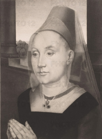 Portrait of Barbara van Vlaendenbergh, print, annotation: 'La femme du Bourgemestre de Bruges d'apres Memling par L. Greuze', printmaker: Louis Joseph Greuse (signed by artist), after design by Hans Memling, 1885, Louis Joseph Greuse, Hans Memling, printmaker, after design by, paper, chine collé, etching, engraving, height 282 mm x width 200 mm, Person, Barbara van Vlaendenbergh, historical persons - BB - woman, A grayscale portrait of a woman shown from the chest upward, wearing a tall headdress with a translucent veil draped over her head and shoulders, a dark square-necked garment, and a braided necklace with a pendant featuring three round elements; her hands are held together in front of her with visible fingernails and a ring on one finger; behind her is a window with a ledge and a small potted plant, and parts of a wall or column frame the scene.