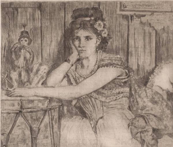 Sitting young woman with a circus monkey, print, annotation: '1st state', printmaker: Fr. van Groeningen (signed by artist), 1884, paper, etching, intaglio printmaking technique, height 223 mm x width 278 mm, Date of death of printmaker unknown. Therefore, the date of acquisition has been used to determine the rights to this object., adolescent, young woman, maiden, monkeys (circus performance), A young woman sits with her head resting on one hand and her elbow on a surface, wearing a patterned dress with decorative trim and beaded necklaces, with flowers pinned in her hair and a headband; her expression is neutral and her gaze is forward. To her left a small clown-like doll with a pointed hat sits behind her, and in front of her on the surface is a drum with visible drumsticks and a stand. The background shows vertical wooden paneling and a framed rectangular object on the wall, and fabrics with folds and ruffles appear around the seated figure.