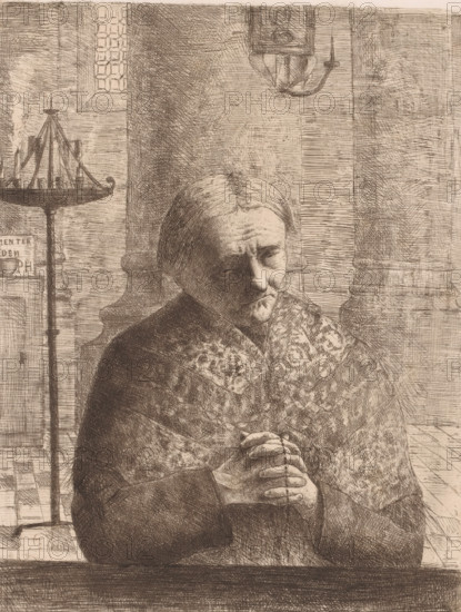 Praying woman with rosary in a church, print, annotation: '6th Edition', printmaker: Fr. van Groeningen (signed by artist), 1850 - 1910, paper, etching, intaglio printmaking technique, height 281 mm x width 220 mm, Since the artist's date of birth and death are unknown, the acquisition date has been used for the determination of rights regarding this object., old woman, interior of church, saying the rosary, An elderly woman with a lined face and center-parted hair sits with her hands clasped, draped in a patterned shawl, positioned in front of a stone column and a textured wall; to her side a tall candle stand with multiple candles is visible, and a window with small panes and a hanging lamp appear in the background.