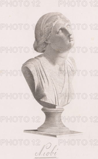 Bust of Niobe, Niobé, print, annotation: 'Epreuve achevée', printmaker: J. Gubel (signed by artist), 1887-04, paper, etching, height 301 mm x width 194 mm, (story of) Niobe, A grayscale engraved bust of a woman on a pedestal, shown from the chest upward with a turned and upward-tilted head, hair pulled back and styled, eyes gazing upward, and draped clothing with visible folds and textured shading, all rendered with fine parallel and cross-hatched lines against a plain light background.