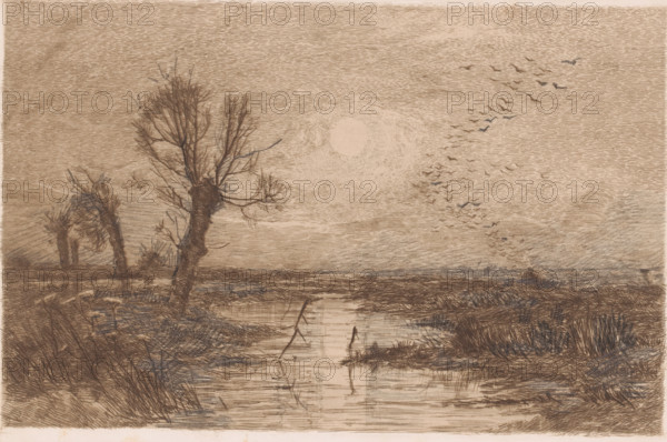 Swamp with four willows, print, annotation: '1er Etat', printmaker: Jules Guiette, 1862 - 1901, paper, pencil, etching, intaglio printmaking technique, drawing, etching with plate tone, worked with pencil, proof print, height 170 mm x width 259 mm, swamp, inland marsh, fens, trees: willow, A sepia-toned landscape sketch showing a marshy scene with a meandering water channel reflecting the sky, leafless gnarled trees along the banks, tall grasses and reeds at the water’s edge, a cluster of trees in the midground, a low horizon, a pale circular sun high in the sky, and a flock of birds flying in a loose formation across the right side of the sky.
