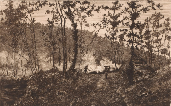 Forest with woodcutters and wood burners, print, workshop stamp: 'Antwerpsche Etsers 1880', annotation: 'Bois et bucherons', print maker: Jules Guiette (signed by artist), 1862 - 1901, printmaker, paper, etching, drypoint, intaglio printmaking technique, height 198 mm x width 277 mm, woodcutting, woodcutter, forestry, A sepia-toned etched landscape showing a wooded scene with tall, slender trees and leafy branches rising from textured undergrowth, a winding dirt path cutting through the foreground toward a lighter, cloudlike clearing, a figure standing on the path carrying an object across their shoulders and another figure seated or crouched nearby, layered foliage and dense tree lines in the middle and background, a body of water at the lower left edge, and a large stack of cut logs or timber piled at the right edge.