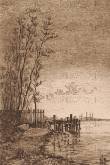 Pier in a river, print, workshop stamp: 'Antwerpsche Etsers 1880', annotation: 'embarcadere de Burcht (?)', printmaker: Jules Guiette (signed by artist), 1862 - 1901, paper, etching, intaglio printmaking technique, height 279 mm x width 199 mm, pier, quay, wharf, A sepia-toned etching showing a riverside scene with tall, slender trees clustered on the left, their bare branches and fine twigs drawn in delicate lines; a rough wooden fence runs along the bank near a small overturned rowboat resting on the ground; a wooden pier with posts and crossbeams extends into calm water, its reflected posts visible on the water surface; distant low buildings and industrial stacks sit along the far shore beneath a sky marked by horizontal line work and a few wispy clouds.