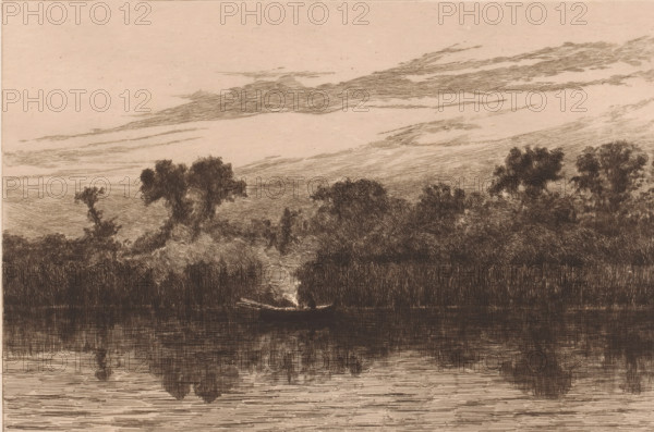 Rowing boat in a lake at twilight, print, annotation: 'Le soir (?) au bord de l'eau', workshop stamp: 'Antwerpsche Etsers 1880', printmaker: Jules Guiette (signed by artist), 1862 - 1901, Jules Guiette, printmaker, paper, etching, drypoint, intaglio printmaking technique, height 199 mm x width 280 mm, rowing-boat, canoe, lake, dusk, evening twilight, A wide horizontal scene rendered in tones of brown and beige shows a calm body of water in the foreground with horizontal line shading and faint reflections. Along the water’s edge a dark, dense band of vertical and crosshatched strokes forms a treeline with irregular crowns and textured foliage. A small, low boat sits near the center of the composition on the water, with smoke or steam rising from it in a pale, wispy column that contrasts with the darker surroundings. Above the treeline, layered horizontal strokes create a broad sky with elongated cloud formations and subtle tonal variations. The overall image is composed of fine, linear ...