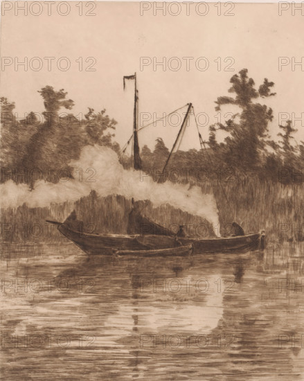 Two boats in a canal, print, annotation: 'I', printmaker: Jules Guiette, 1862 - 1901, paper, etching, intaglio printmaking technique, height 318 mm x width 237 mm, sailing-ship, sailing-boat, water course, A sepia-toned scene shows a small boat on calm water with a plume of smoke rising from its center, a seated figure partly obscured by the smoke, and a second smaller boat alongside; behind them a shoreline with tall grasses and dense, leafy trees forms a dark silhouette, interrupted by a tall, thin mast with rigging and a small flag at its top, and reflections of the boat and smoke ripple on the water's surface.
