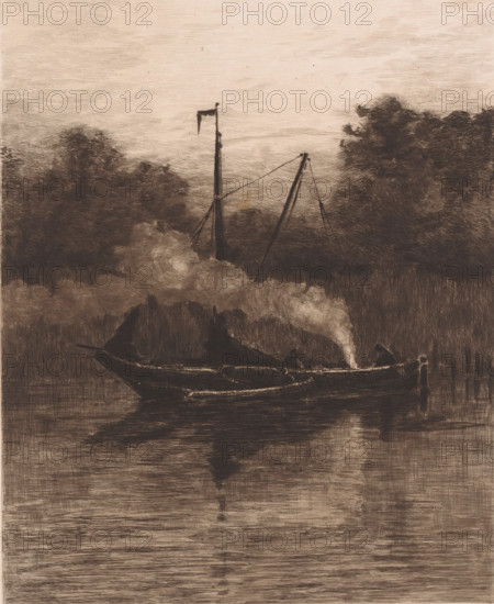 Two boats sailing, print, annotation: 'III', printmaker: Jules Guiette, 1862 - 1901, paper, etching, intaglio printmaking technique, height 318 mm x width 236 mm, sailing-ship, sailing-boat, water course, A dark-toned image showing a small boat on calm water with smoke rising from its center, the boat's hull reflected in the water below. Two tall masts rise behind the boat, thin rigging lines angled between them, and a small tattered flag hangs from the taller mast. Dense, textured foliage frames the scene in the background on either side, and a softly lined sky fills the upper portion of the image. The overall composition uses fine, linear shading and crosshatching to render shadows and reflections.