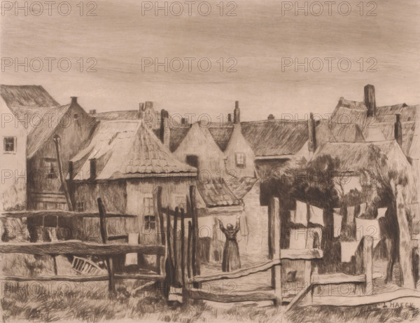 Near a village, a woman hangs laundry on a line, print, printmaker: Léopold Haeck, 1878 - 1910, paper, chine collé, etching, intaglio printmaking technique, height 191 mm x width 238 mm, hanging the wash to dry, prospect of village, silhouette of village, A sepia-toned drawing of a village scene showing a row of pitched and tiled rooftops with visible chimneys and textured shading, buildings with small windows and doors, wooden fences and posts in the foreground, an open gate, a narrow pathway between houses, a figure standing with arms raised near the center, rough grass and ground at the bottom, a pergola-like structure with leafy vines to the right, and a broad sky above.