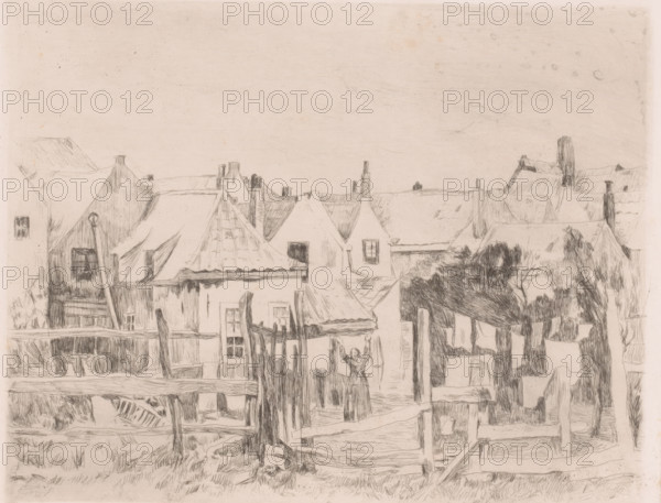 Near a village, a woman hangs laundry on a line, print, annotation: '1st state', printmaker: Léopold Haeck, 1878 - 1910, paper, etching, intaglio printmaking technique, height 191 mm x width 238 mm, hanging the wash to dry, prospect of village, silhouette of village, A pencil sketch showing a row of closely packed houses with pitched roofs and visible chimneys, rooflines forming a jagged horizon beneath a large empty sky; in the foreground there are wooden fences and posts, rough textured walls, a gate, and a small figure with raised arms standing near the center; scattered windows and doors appear on the buildings, and a cluster of trees or dense foliage is drawn to the right, all rendered with fine, crosshatched lines and delicate shading.