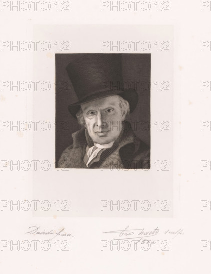 Portrait of an unknown man with a top hat, print, printmaker: Ernest Haets (signed by artist), after painting by David, 1886, paper, chine collé, etching, height 199 mm x width 149 mm, Date of death of printmaker unknown. Therefore, the date of manufacture and acquisition have been used to determine the rights to this object., anonymous historical person portrayed alone, head-gear: top hat, A rectangular engraving of a man wearing a tall top hat fills the central area, showing his head and upper torso against a dark textured background; he has light-colored hair peeking from under the hat, a lined face with a neutral expression, and is dressed in a coat with a high collar and a visible scarf or cravat at the neck; the engraving is mounted on a pale sheet with faint age spots and small marks around the borders.