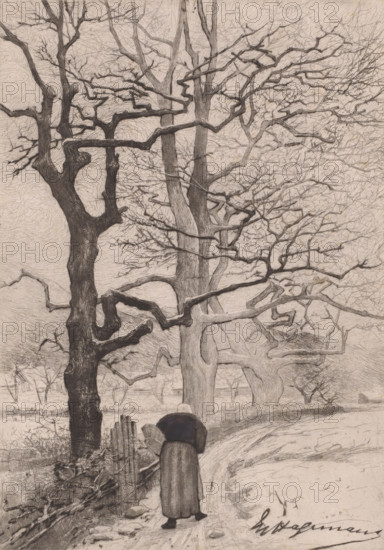 Winter landscape with old woman on a path to a village, print, printmaker: Maurice Hagemans, 1862 - 1910, paper, etching, drypoint, intaglio printmaking technique, height 276 mm x width 199 mm, road, path, winter, human activities (the four seasons of the year), A tall, leafless tree with many twisting, gnarled branches dominates the scene, its dark trunk textured with deep lines; beside it are other bare trees with interlacing branches filling the upper part of the image. In the lower center, a solitary figure wearing a long, heavy coat and a hooded cape walks away from the viewer along a narrow, winding dirt path that curves to the right. A low, broken fence and a pile of rough stones and sticks run along the left side of the path, and faint outlines of more distant trees and undergrowth appear in the background. The overall image is rendered in fine, detailed lines and shading, creating a monochromatic, sketchlike appearance.