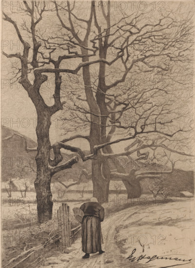 Winter landscape with old woman on a path to a village, print, annotation: '1er Prise Paysage', printmaker: Maurice Hagemans, 1862 - 1910, paper, etching, drypoint, intaglio printmaking technique, height 276 mm x width 199 mm, road, path, winter, human activities (the four seasons of the year), A monochrome scene shows bare, gnarled trees with twisting trunks and many thin branches filling the upper area, their bark and branch textures rendered with fine lines; a person wearing a long coat and a hooded or headscarfed head is walking away along a winding dirt path, carrying a round basket in one hand and holding the fence with the other; a rough wooden split-rail fence and low shrubs run alongside the path, and distant low hills and sparse trees appear in the background beneath a subtly textured sky.