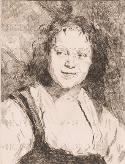 Portrait of an unknown young woman, print, printmaker: Fritz Hanno (signed by artist), after design by Frans Hals, c. 1880 - c. 1905, paper, etching, proof print, height 256 mm x width 196 mm, Proof print of a mirror-image copy of the painting by Frans Hals also known as The Gypsy Girl. Date of death of printmaker unknown. Therefore, the acquisition date has been used to determine the rights to this object., wandering communities: Romani or Roma, anonymous historical person portrayed alone - BB - woman, A sepia-toned ink portrait of a smiling person with curly dark hair, visible shoulders and upper torso, and a light-colored garment draped around the neck; the face is turned slightly to the side with relaxed eyes and a faint smile, hair rendered with dense crosshatching and loose curls, the background filled with varied hatch marks and textured lines, and the lower area showing softer, sketchy strokes suggesting clothing and shadow.
