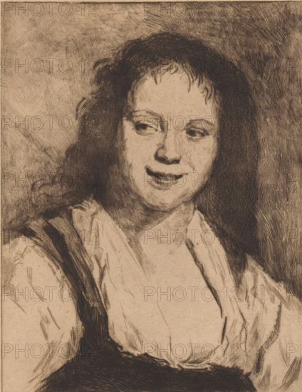 Portrait of an unknown young woman, print, printmaker: Fritz Hanno (signed by artist), after design by Frans Hals, c. 1880 - c. 1905, paper, etching, drypoint, intaglio printmaking technique, height 256 mm x width 196 mm, Proof print of a mirror-image copy of the painting by Frans Hals also known as The Gypsy Girl. Date of death of printmaker unknown. Therefore, the acquisition date has been used to determine the rights to this object., wandering communities: Romani or Roma, anonymous historical person portrayed alone - BB - woman, A sepia-toned etching of a person shown from the chest upward with shoulder-length dark hair that appears wavy and slightly tousled, a rounded face with softly shaded features, eyes looking slightly to the side, a small smile on the lips, a light garment draped around the shoulders with darker straps or bands across one shoulder, and a textured background of crosshatched lines.