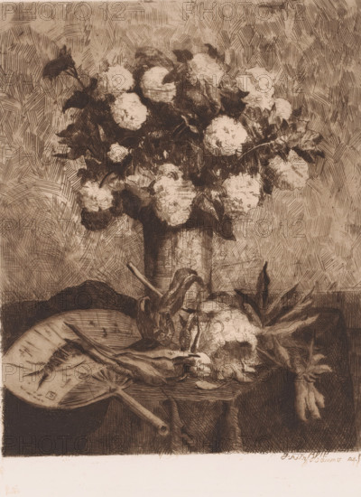 Vase with flowers and a fan, print, printmaker: Fritz Hanno (signed by artist), 1886, paper, etching, intaglio printmaking technique, height 240 mm x width 191 mm, flowers in a vase, fan, A still life showing a tall cylindrical vase filled with clustered round blossoms and surrounding leaves, set against a textured, crosshatched backdrop, with a table surface below holding a fan with a long handle, scattered leafy stems, and a rounded fruit partially obscured by foliage, all rendered in fine etched lines and tonal shading.
