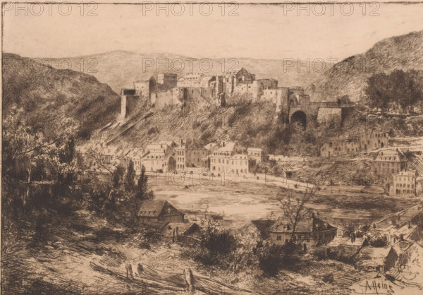View of the castle in Bouillon, print, printmaker: Armand Heins, 1866 - 1910, paper, etching, intaglio printmaking technique, etching with plate tone, height 278 mm, width 277 mm, prospect of village, silhouette of village, landscape with tower or castle, low hill country, broth, A sepia-toned etching shows a hillside view over a river with clustered buildings along the far bank and a fortified complex atop a bluff, including towers, walls, and varied rooflines; a bridge with an arched opening connects to the hill, and trees and dense foliage frame the slopes on either side. The foreground includes rough terrain, fences, and small roofed structures descending toward the water, while boats sit along the near shore and reflections ripple across the river surface. The distant background displays layered hills and a wide open sky, all rendered with crosshatching and fine linework.