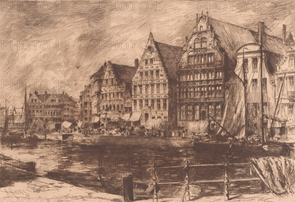 View of the quay in Ghent (former title), Graslei in Ghent, Un Quai à Gand, print, printmaker: Armand Heins, 1866 - 1910, paper, etching, intaglio printmaking technique, etching with plate tone, height 200 mm x width 277 mm, canals, waters (in city), city-view, and landscape with man-made constructions, Ghent, A sepia-toned etching shows a waterfront scene with a row of ornate multi-story buildings featuring stepped gables and decorative facades lining the quay. In front of the buildings are awnings, carts, and small figures suggesting market activity. Several sailboats and masts are moored along the water's edge, with a prominently furled sail on a vessel at the right. The water in the foreground reflects the boats and buildings. A railing with posts runs along the near side of the quay, and clouds and textured sky fill the upper part of the image.