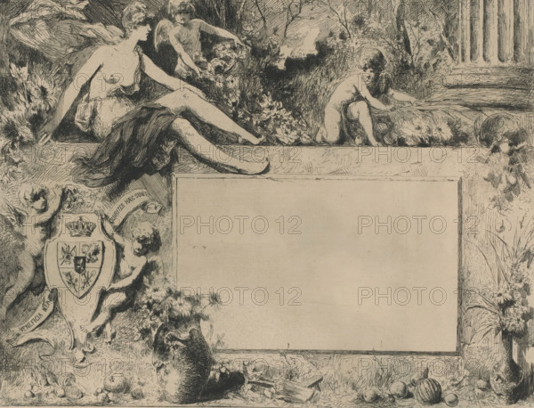 Diploma with female figure and putti with flowers, print, diploma, printmaker: Armand Heins, 1866 - 1910, paper, etching, intaglio printmaking technique, etching with plate tone in gray, height 215 mm x width 278 mm, flowers, cupids: 'amores', 'amoretti', 'putti', adolescent, young woman, maiden, A detailed ink drawing showing a reclining female figure draped with cloth seated on an elevated ledge, with a winged child offering flowers behind her and another child kneeling beside foliage. Decorative floral clusters and leafy plants surround the central figures, with a large blank rectangular panel occupying the middle of the composition. Two cherubic children hold a heraldic shield beneath the ledge, and ornamental ribbons and small fruits or round objects litter the lower border. A column and more vegetation appear at the right edge, and fine crosshatching and line work fill the background and frame.