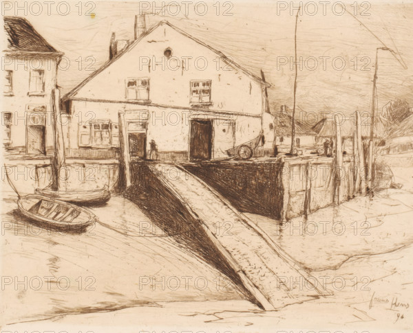 Village houses along the quay, print, printmaker: Frans Hens, 1894, paper, etching, intaglio printmaking technique, etching with plate tone, height 189 mm x width 239 mm, landscapes with waters, waterscapes, seascapes (in the temperate zone), pier, quay, wharf, boat propelled by man or animal, A sepia-toned etching of a waterfront scene showing a large gabled building with windows and a circular opening near the roof, flanked by adjacent structures; in front of the building a wooden ramp or bridge leads down to the water where small rowboats are moored alongside posts and a dock; a cart with a wheel rests near an open doorway and a small standing figure is visible by an entrance; tall poles rise from the dock area and faint outlines of distant buildings and hills appear in the background, with crosshatched shading and linear etching marks across the sky and water.