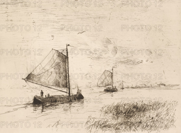 Two sailing ships on the water with the coastline in the background, print, printmaker: Frans Hens, 1890, paper, etching, intaglio printmaking technique, etching with plate tone, height 236 mm x width 318 mm, sailing-ship, sailing-boat, landscapes with waters, waterscapes, seascapes (in the temperate zone), A sepia-toned sketch of a waterscape featuring several sailboats, with a large boat in the foreground showing a tall mast and a furled triangular sail, a few figures standing and sitting on its deck, and reflections in the water beneath. In the midground two smaller sailboats with raised sails are visible, one nearer and one farther away, both with hulls sitting low on the water. The background shows a low shoreline with indistinct buildings and structures along it. The sky is filled with fine, horizontal hatch marks and scattered short strokes suggesting clouds or wind, and the lower right corner contains dense, scribbled vegetation along the water’s edge.