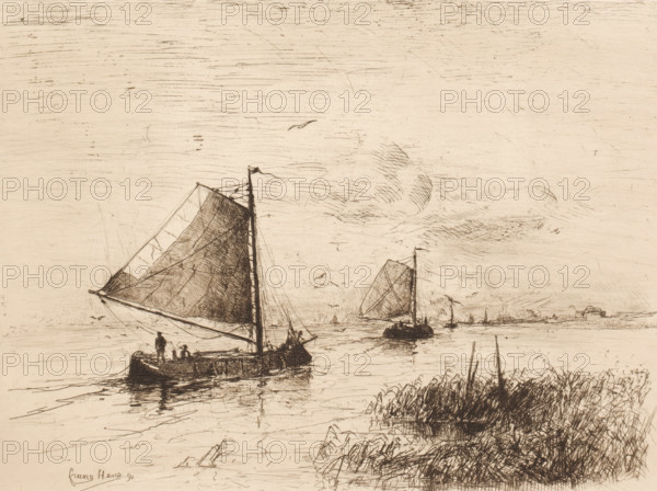 Two sailing ships on the water with the coastline in the background, print, printmaker: Frans Hens, 1891, paper, etching, intaglio printmaking technique, etching with plate tone, height 236 mm x width 317 mm, sailing-ship, sailing-boat, landscapes with waters, waterscapes, seascapes (in the temperate zone), A sepia-toned etching of a waterscape showing sailboats on a calm body of water, with a large sailboat in the foreground carrying figures on its deck and rippled reflections beneath it, a smaller sailboat farther back with its sail raised, distant vessels along the horizon, reeds and textured grasses along the near shore at the lower right, and a sky filled with delicate, horizontal etching lines and faint cloud-like hatch marks.