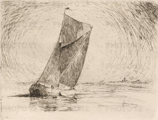 Sailing ship with coastline in the background, print, printmaker: Frans Hens, 1866 - 1910, paper, etching, intaglio printmaking technique, etching with plate tone, height 179 mm x width 235 mm, sailing-ship, sailing-boat, landscapes with waters, waterscapes, seascapes (in the temperate zone), A sketched scene of a sailboat leaning with its large sail filled and textured by crosshatched lines, the hull and bow detailed with dense strokes and resting near a small dinghy alongside, reflected rippling lines in the water beneath, a distant low shoreline with a small structure on it, and a sky filled with swirling, radiating scratchy marks surrounding the sail.