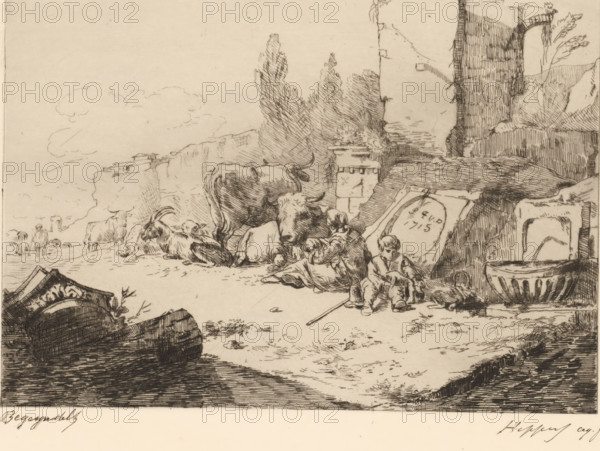Herd of cattle resting by a ruin, print, printmaker: attributed to Karel Theodoor Hippert, 1849 - 1910, Attributed to, paper, etching, intaglio printmaking technique, etching with plate tone, height 235 mm x width 321 mm, herding, herdsman, herdswoman, shepherd, shepherdess, cowherd, landscape with ruins, herd, flock, A sepia-toned etching shows a pastoral scene with animals and people among ruinous stone structures and vegetation. In the center foreground a reclining ox and a seated cow occupy ground near a group of goats and a resting ram, all drawn with crosshatching. Two children sit on the ground beside a stick, one facing forward and the other turned slightly toward the animals, while another small figure reclines nearby. To the right a carved round basin with water and a stone block with an oval inset lean against larger ruined walls and columns, one wall textured with vertical lines and leafy plants growing behind it. In the left background a distant cliff edge and small buildi...