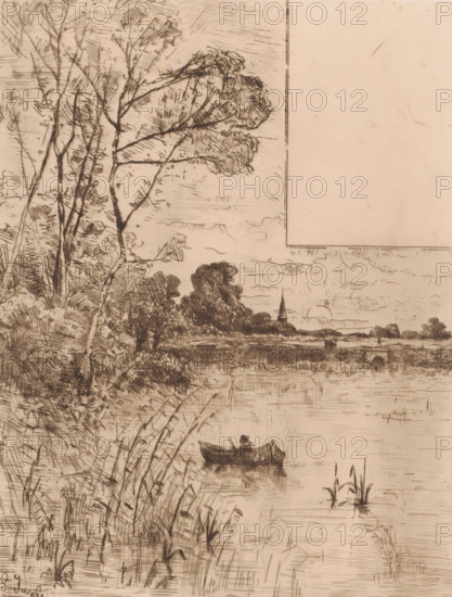 Man in a rowing boat at the setting sun, print, printmaker: Louis Adolphe Jacobs, 1865 - 1910, paper, etching, drypoint, intaglio printmaking technique, height 271 mm x width 209 mm, sunset, rowing-boat, canoe, landscape with tower or castle, A sepia-toned etching shows a waterside scene with tall, thin trees on the left whose branches and leaves are sketched with fine, hatched lines, a river or lake stretching to the right, reeds and grasses rising from the foreground water, and a small rowboat carrying two seated figures near the center of the image. In the middle distance a cluster of darker trees stands on the far bank and a slender pointed steeple rises behind them, while the sky is marked with horizontal hatch strokes and faint cloud shapes. The image includes a large blank pale rectangular area in the upper right and the overall composition features delicate cross-hatching and linear textures creating reflections and ripples on the water surface.