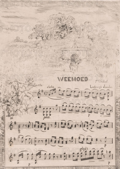 Landscape with a sluice, Melancholy, print, sheet music, printmaker: Louis Adolphe Jacobs, 1865 - 1910, composer (person in music), paper, etching, intaglio printmaking technique, height 267 mm x width 194 mm, Sheet music for fiddle. Probably a fragment of a longer piece., sluice, weir, A faded illustration combining a landscape sketch and musical notation occupies the page, with a softly hatched sky above a cluster of trees and rolling grassy land that leads down to a small arched stone bridge over calm water; the bridge and nearby foliage are rendered in fine, sketchy lines and reflected faintly in the water below. The lower portion of the page is filled with printed musical staves and notes, with clefs, staff lines, and various musical symbols arranged in horizontal rows, and some decorative foliage and grasses sketched along the left edge where the landscape and notation overlap. The overall palette is monochrome with delicate, sepia-toned ink lines and areas of light shading, givi...