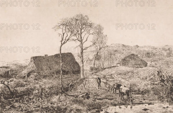 Drinking cow in a landscape with farms, print, printmaker: Lambert Jacquelart, 1830 - 1910, paper, etching, intaglio printmaking technique, height 199 mm x width 296 mm, farm or solitary house in landscape, cow, A sepia-toned landscape drawing showing a path leading between leafless trees toward rolling hills and thatched buildings, with textured lines depicting grass and earth; a person walks along the path and two cows stand near a small pool while a fence runs alongside the path and sparse bushes and reeds appear in the foreground.
