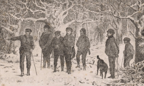 Group of hunters and beaters in a snowy forest, print, printmaker: Lambert Jacquelart, 1830 - 1910, paper, etching, intaglio printmaking technique, height 177 mm x width 278 mm, assembling, 'departure for the hunt', beaters (, hunt), A group of men stand together outdoors beneath a canopy of bare, intertwining tree branches, all wearing heavy coats and caps and many leaning on walking sticks or canes; one man at the left points outward while another near the center holds an arm across his chest, a dog stands near the front right with its tail raised, and the ground is covered with light snow and scattered twigs and sparse grass.