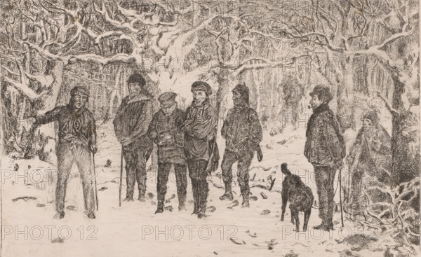 Group of hunters and beaters in a snowy forest, print, printmaker: Lambert Jacquelart, 1830 - 1910, paper, etching, intaglio printmaking technique, height 176 mm x width 274 mm, assembling, 'departure for the hunt', beaters (, hunt), A monochrome drawing shows a snowy forest scene with a group of people standing on a snow-covered path beneath leafless, heavily branched trees. The figures wear winter clothing including coats, hats, and scarves; some lean on walking sticks while others stand with hands in pockets or folded. A dog stands near one person and a second dog is visible farther back. The trees dominate the background with dense, textured bark and intertwining branches, and the ground is marked with footprints, small patches of grass, and scattered twigs. The overall image is rendered with fine, crosshatched pen or etching lines, creating detailed textures on clothing, tree trunks, and snow.