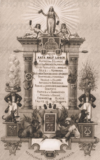 Architectural framing with dogs and figures, Menu for Société de la Kate Half Losch, print, menu card, Menu in a triumphal arch topped with three female figures. Attributes of the arts hang from the columns. Several dogs are seated by the cartouche at the bottom., printmaker: Louis Jaugey, Brussels, 1876, printer (person), paper, etching, intaglio printmaking technique, etching with plate tone, height 273 mm x width 173 mm, Menu for the Sociète de la Kate Half Losch at restaurant Café Américain., dog, fantastic architecture, unrealistic architectural fantasies, A vertical engraved illustration showing a central ornate architectural structure with a tall framed panel held between two fluted columns topped by a classical pediment where two reclining female figures flank a standing robed female figure radiating lines like a halo; hanging from the top are tassels and ornamental shields, and a large decorative plaque fills the central panel. On each side of the base of the columns stand mal...
