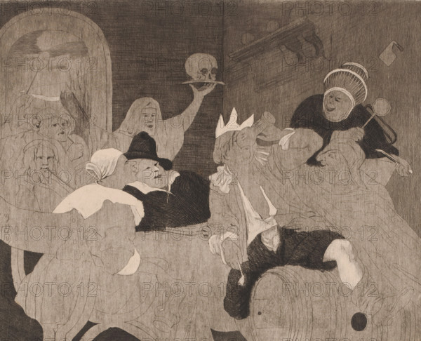 Festive company with a drinking man with a crown, Epiphany, print, printmaker: Louis Jaugey, after painting by Jan Havicksz. Steen, 1850 - 1899, paper, etching, intaglio printmaking technique, etching with plate tone, proof print, height 250 mm x width 304 mm, feasts of saints (and their relics), periodic celebrations, popular feasts, A group of people sits closely together in a dim interior, their clothes and faces rendered in delicate linework and muted tones. One figure in the center raises an arm holding a skull on a shallow dish, while another nearby wears a tall striped headdress and holds a round-tipped staff. Several seated figures lean against one another, some wearing head coverings and hats, one with a broad-brimmed hat tilted back and a relaxed expression. In the left background a rounded arch frames more faces, including one with a pipe. In the foreground a barrel serves as a seat for a reclining figure whose leg rests over its curve. The scene features layered textures of...