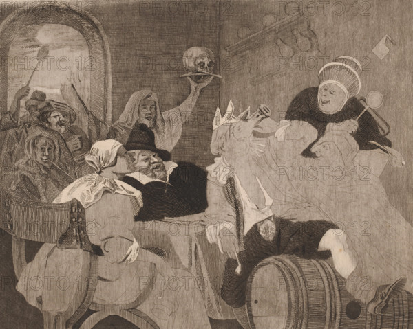 Festive company with a drinking man with a crown, Epiphany, print, printmaker: Louis Jaugey, after painting by Jan Havicksz. Steen, 1850 - 1899, paper, etching, intaglio printmaking technique, etching with plate tone, proof print, height 255 mm x width 304 mm, feasts of saints (and their relics), periodic celebrations, popular feasts, A crowded interior scene rendered in monochrome with crosshatching shows several figures gathered around a table and a bed. On the left, a group of people sit in a chair and on a bench, including a man with a wide-brimmed hat leaning back with closed eyes and a bearded man beside him; a woman with a headscarf faces away, another figure holds a long spoon up near an arched window opening. Toward the center, a hooded person raises an arm holding a platter with a skull on it. On the right, a person wearing a tall ribbed headdress leans over a bed, smiling, and holds a spoon-like object. A reclining figure on the bed has draped cloths and a tilted pot near th...