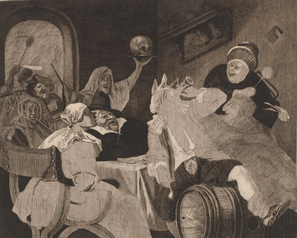 Festive company with a drinking man with a crown, Epiphany, print, printmaker: Louis Jaugey, after painting by Jan Havicksz. Steen, 1850 - 1899, paper, etching, intaglio printmaking technique, etching with plate tone, proof print, height 250 mm x width 303 mm, feasts of saints (and their relics), periodic celebrations, popular feasts, A sepia-toned scene shows a crowded room with a group of figures gathered around a table and a bed; a woman in a headscarf sits in the foreground with her back toward the viewer, a reclining figure in a hat rests near the center, and another figure leans back on a bed covered with blankets. A person wearing a bonnet or large cap holds a magnifying glass near their face and smiles, while a headless skull is presented on a platter by a raised arm of a robed figure. Shelves with jugs and a small hanging mug are visible on the wall, a barrel sits at the foot of the bed, and various garments, hats, and draped fabrics fill the composition, all rendered in fine ...