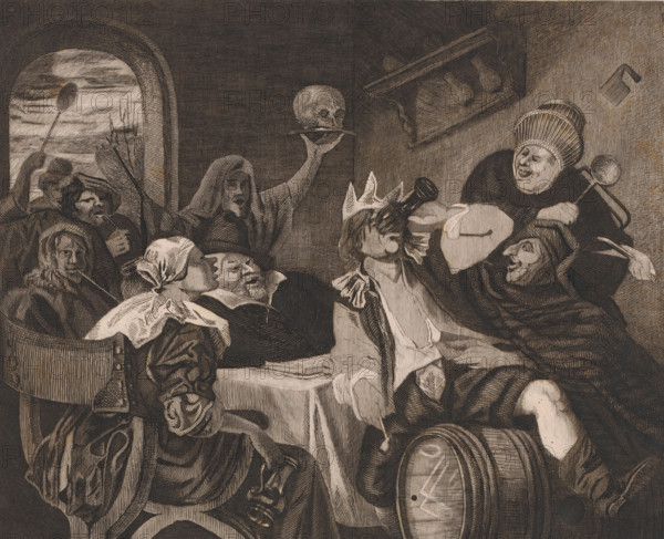 Epiphany, Festive company with a drinking man with a crown, print, printmaker: Louis Jaugey, after painting by Jan Havicksz. Steen, 1850 - 1899, paper, etching, intaglio printmaking technique, etching with plate tone, proof print, height 248 mm x width 303 mm, feasts of saints (and their relics), periodic celebrations, popular feasts, A crowded interior scene rendered in dark crosshatching shows several figures gathered around a table, many wearing hats or hoods and heavy draped clothing, with one figure holding a human skull aloft on a plate and another figure raising a ladle near an arched window; faces display varied expressions, some puckered or pursed, one wearing a tall ribbed headdress and smiling, another with a crown and a bottle tilted toward a face, while a figure at the lower right leans on a barrel and another at the lower left holds a cloth over a shoulder; a shelf with rounded objects is mounted on the wall and a small rectangular object hangs nearby, and folds of fabric...